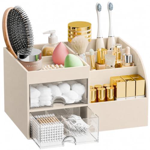 Makeup Organizer with 2 Drawers, Makeup Organizers Countertop for Vanity and Bathroom, Make up organization and Skincare Storage with Brush Holder, for Dresser, Desktop, Cosmetic Display Case (Beige)