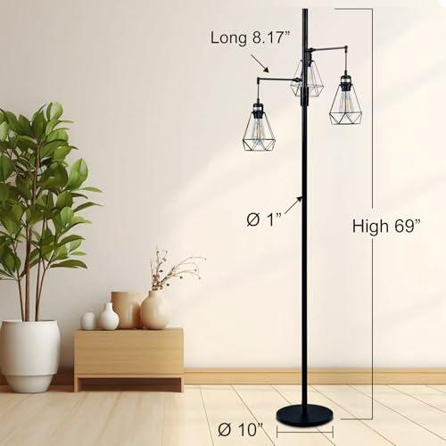 69 Industrial Tree Floor Lamp with Stepless Dimming - Adjustable Cage Shades & weighted Base, Vintage Dimmable Standing Light for Living Room/Office, 3x Edison Bulbs Included (Farmhouse Rustic)
