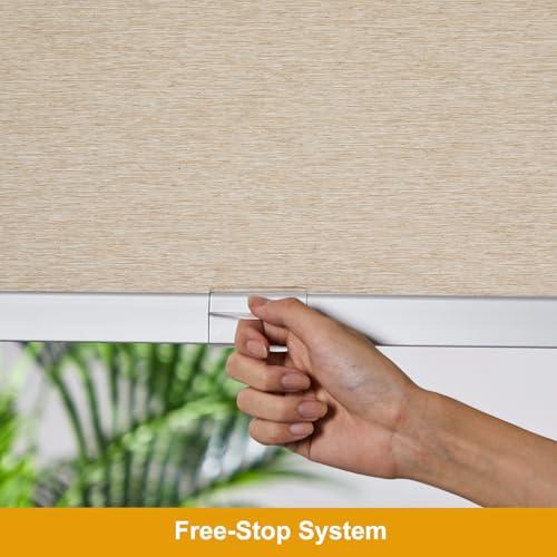 Persilux Free-Stop Cordless 100% Blackout Roller Window Shades for Home, Natural Woven Fabric UV Protection Privacy Roller Shades for Indoor Windows Blinds for Sliding Glass Doors, Khaki 24W x 72H