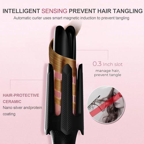 Auto Rotating Hair Curler - 4 Temperature and Timer Settings, Automatic Curling Iron with Automatic Shut-Off, Anti-Tangle and Scalding, Curling Wand for Long Lasting Curls (Black)