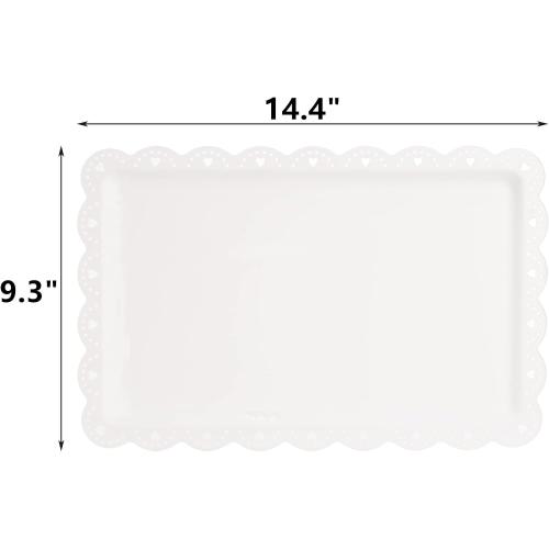 Peohud 12 Pack White Plastic Serving Tray with Lace Rim, Rectangle Food Trays, Disposable Serving Platters and Trays for Party, Wedding, Restaurant, 14.4 x 9.3