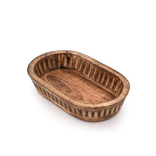 Kaizen Casa Decorative Bowl Mango Wood for Home Decor, Unique Centerpiece Bowl, with Hand Carved Vertical Stripes for Home Decor, Bathroom, Kitchen Counter, & More (10 x 6 x 2)