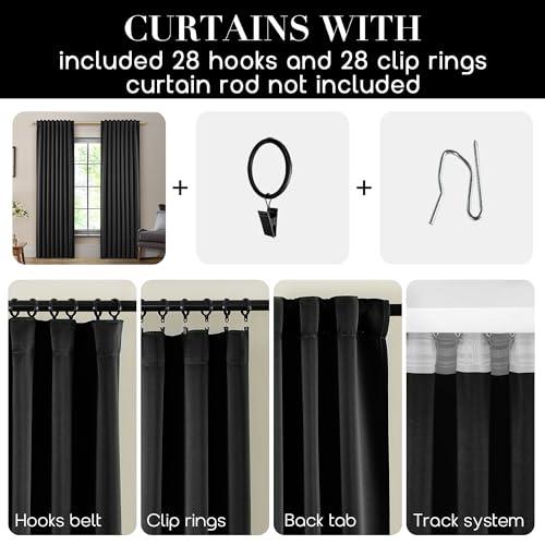 SHINELAND Back Tab Black Out Curtains Drapes 108 Inches Long 2 Panels,Pleated Blackout Tall Curtains for Large Window