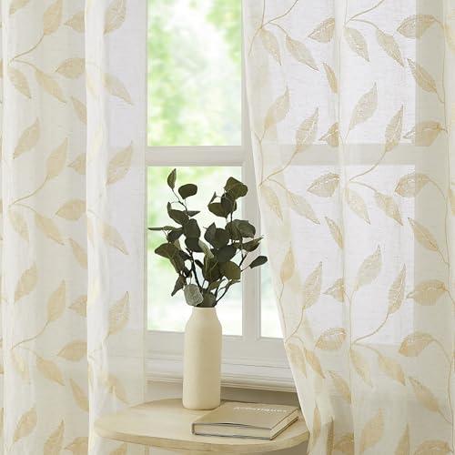 Bujasso Gold Linen Leaf Sheer Curtains Embroidered Floral Farmhouse Light Filtering Window Panels Botanical Sheer Drapes for Living Room Bedroom Grommet