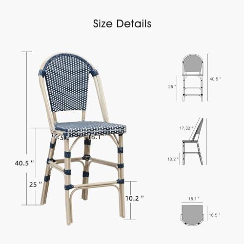 PURPLE LEAF French Counter Height Bar Stool Set of 2 25 White Print Finish Patio Bar Chairs with Back Rattan Bar Chairs French Bistro Set for Kitchen Outdoor Counter Stool Royal Blue