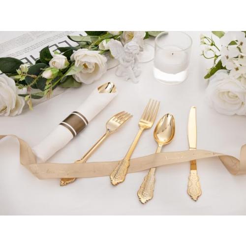 Set of 400PCS Pre Rolled Gold Plastic Silverware Sets - Heavy Duty Fancy Gold Cutlery - Include 100 Pack Wrapped Disposable Utensils with Napkins for Parties, Dinners & Weddings