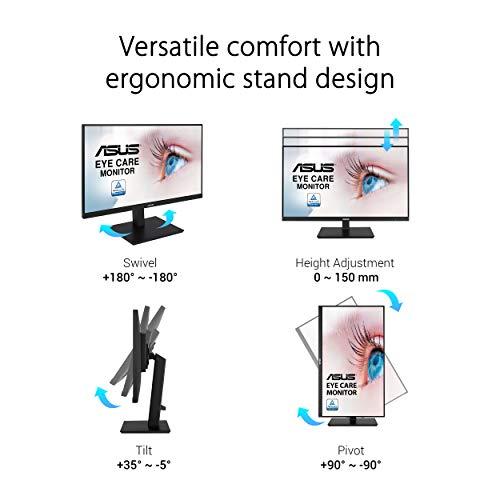 ASUS VA27DQSB 27” Monitor, 1080P Full HD, 75Hz, IPS, Adaptive-Sync, Eye Care, HDMI DisplayPort VGA USB Hub, Frameless, Ergonomic Design, VESA Wall Mountable,Black