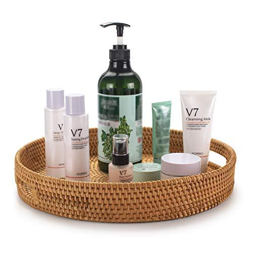 YANGQIHOME Rattan Round Serving Tray, Decorative Coffee Table Tray, Hand Woven Serving Basket with Handles, Ottoman Wicker Fruit/Bread Serving Basket, 13.8 inch