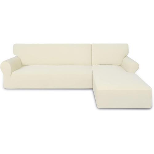 PureFit Super Stretch Sectional Couch Covers, Spandex, Non Slip - 2 pcs Covers with Elastic Bottom for L Shape Sofa, Great for Kids & Pets (3 Seat Sofa   3 Seat Chaise, Ivory)