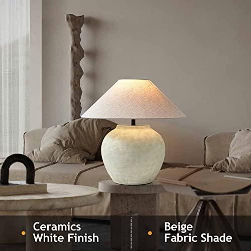 Rustic Southwestern Jug Table Lamp 20'' Tall White Clay Pot Ceramic Table Lamp Tapered Fabric Shade Bedside Nightstand for Living Room Bedroom House Office Entryway (001)