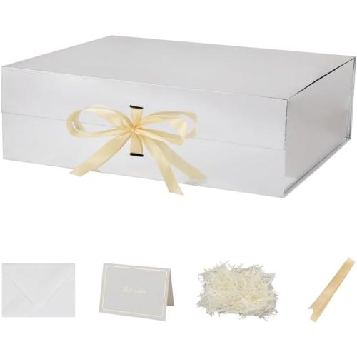 Skivra Large Silver Gift Box with Ribbon - Extra Large Collapsible Luxury Gift Box for Wedding Dress - 19x16x6 Inch - Magnetic Closure - Rectangle - Crinkle Cut Paper Shred with Card