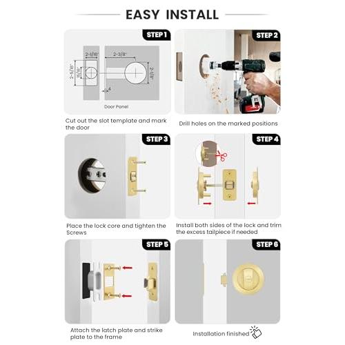 goldenwarm Brushed Nickel Round Pocket Door Lock, Pocket Door Hardware for 2-1/8'' Round Bore Hole, Pocket Door Handles Fit 1-1/4'' to 2'' Thickness Sliding Door 2-3/8'' Latch 1 Pack