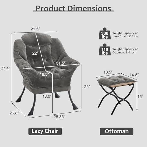 Fabric Lazy Chair with Ottoman, Oversized Upholstered Sofa Chair for Adults, Plush Comfy Lounge Chair with Large Side Storage Pocket, Reading Chair for Living Room, Bedroom, Office, Dark Gray