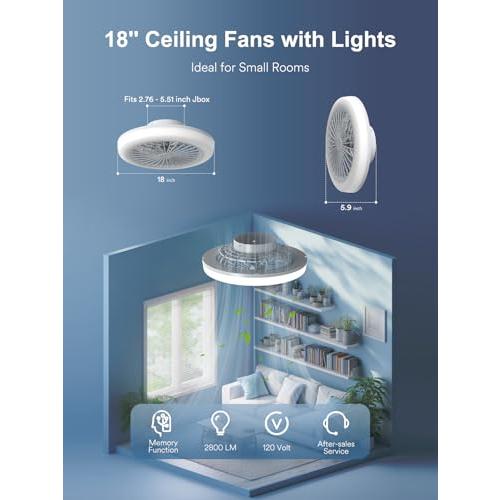 ANGELHALO Ceiling Fans with Lights and Remote, 18'' Modern Flush Mount Fandelier with RGB Lights, Smart Dimmable LED Light, Ultra Quiet 6-Speed Motor, Low Profile Design for Bedrooms & Living Rooms