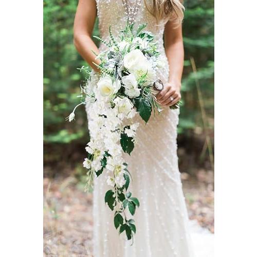 IPOPU White Flowers Artificial Delphinium 9PCS with Clematis Greenery for Wedding & Home Decor
