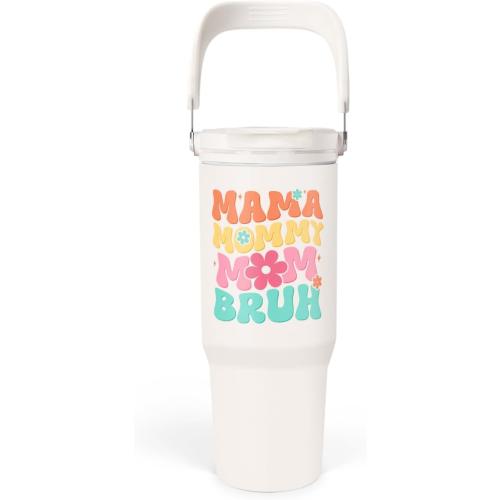 SANDJEST Funny Mom Tumbler 30oz, Mama Bruh Stainless Steel Insulated Coffee Travel Mug with Handle & Flip Straw Lid, Mom Gifts for Christmas Birthday Mothers Day Valentines