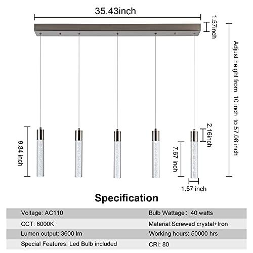 5-Light Pendant Ceiling Light Fixture for Kitchen Island, Modern Pendant Lighting for Kitchen Island,Integrated Dimmable Led Hanging Light with Crystal 40W,6000k for Kitchen…