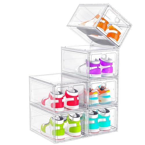 ARSTPEOE 6-Pack Clear Shoe Storage Boxes Magnetic Stackable | Upgraded Harder Material, Stackable Space-saving, Fits Sneakers & Boots, Clear Magnetic Front Door