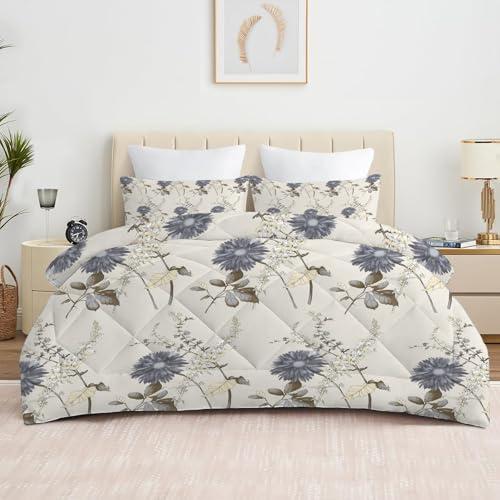 Beige Plant Comforter Full Size, Lightweight Gray Blue Floral Comforters Queen Size for All Season, Soft Microfiber Bedding Set 3 Pieces - 1 Reversible Comforter Duvet Insert   2 Pillowcases
