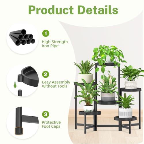 iDavosic.ly 6 Tier Folding Plant Stand Indoor Outdoor, Plastic Tray, Black