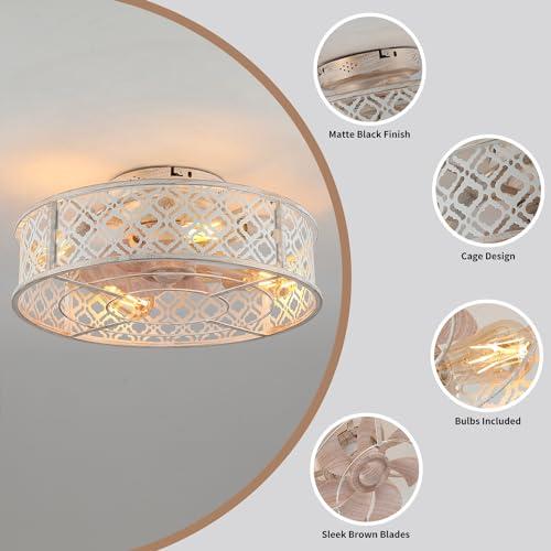 20 Caged Ceiling Fans with Lights Flush Mount Ceiling Fan with Remote,Small Black Low Profile Bladeless Ceiling Fan Light Fixture for Bedroom, Kitchen, Dining Room 4 Bulbs Included,6 Speeds