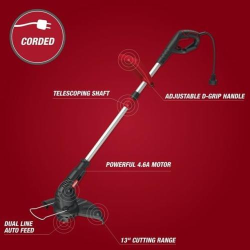 4.6-Amp 13in Electric String Trimmer HT21-401-002-04, Adjustable D-Grip Handle, Plant Protection Guard Keeps You from Accidentally Trimming Flowers