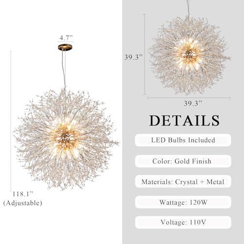 24-Light Farmhouse Crystal Chandeliers, Large Gold Beaded Lamp, Modern Firework Pendant Lighting, Sputnik Dandelion Hanging Lights for Living Room Bedroom Dining Room (Gold, D39.3inch)