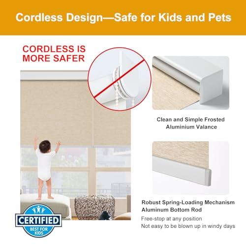 Persilux Free-Stop Cordless 100% Blackout Roller Window Shades for Home, Natural Woven Fabric UV Protection Privacy Roller Shades for Indoor Windows Blinds for Sliding Glass Doors, Khaki 24W x 72H