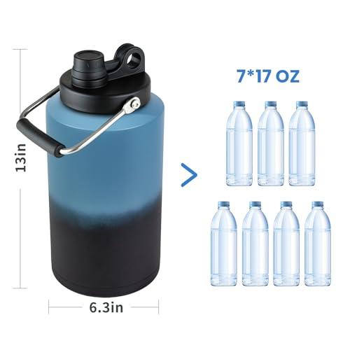 1 Gallon Water Bottle Insulated Stainless Steel Keeps Ice 48Hr, Large Water Gallon Jug Wide Mouth Leakproof Vacuum for Gym, Camping, & Construction Gradient Blue