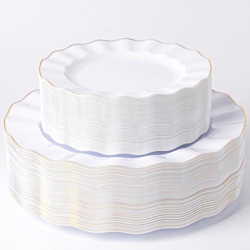 HIGH END 100 Pcs White Wave Plastic Plates with Gold Trim