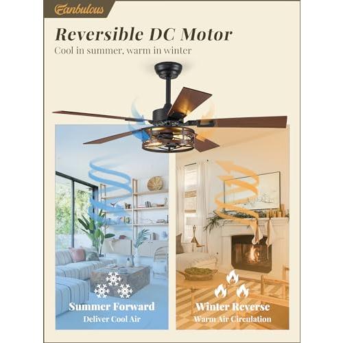 BLACK Farmhouse Ceiling Fans with Light, 48 Inch Bedroom Ceiling Fan with Lights, 6-Speed Adjustable, Quiet and Reversible DC Motor, Dual Finish 5 Blades, Rustic Caged Ceiling Fan for Living Room