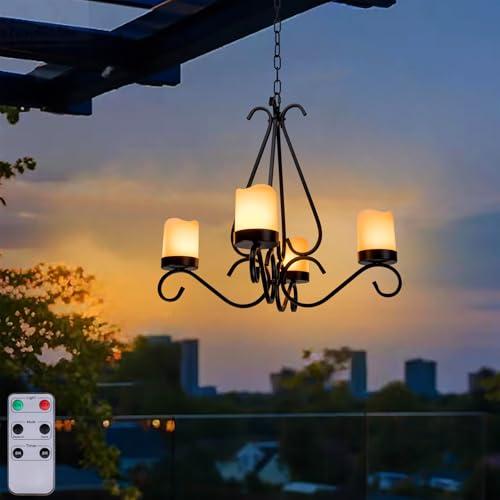 Black Battery Operated Chandelier, Outdoor Chandelier with 4pcs Battery Operated Led Candles, Hanging Candle Chandelier Lights Outdoor for Gazebo, Pergola, Patio, Canopy, Porch, Tent Decor