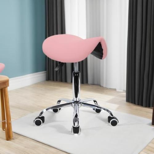 PINK KKTONER Rolling Saddle Stool PU Leather Swivel Adjustable Rolling Stool with Wheels Salon Chair