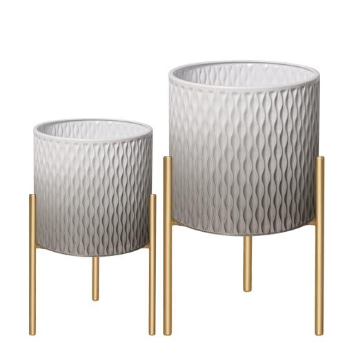 ARNIS Plants Pots with Stand,Set of 2 Flower Pots, Unique Mid Century Decorative Metal Flower Pots with Drainage,10.5&12.25 Inch, Grey and White