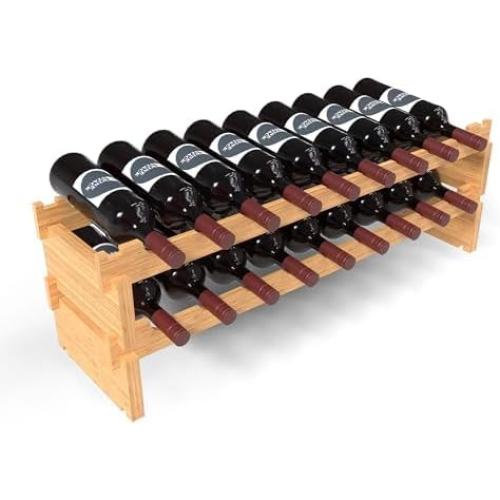 18 Bottle Bamboo Stackable Small Wine Rack for Countertop, No Tools Assembly, Durable, Wine and Liquor Bottle Storage for Small Spaces