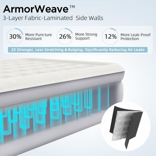 Queen Air Mattress with Built-in Pump 18in, Fabric-Laminated | Anti-Leak Honeycomb Design, 3-Layer Fabric-Laminated Side Walls, 800 LBS Capacity, 3-Min Inflation for Home Guests Camping