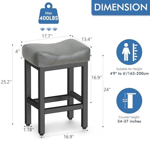 BLACK AND GREY Counter Height Bar Stools Set of 2, 24 Inch Barstools for Kitchen Island Counter, Bonded Leather Kitchen Stools with Thick Saddle Seats & Heavy Duty Metal Base, Easy Assembly, Gray/Black