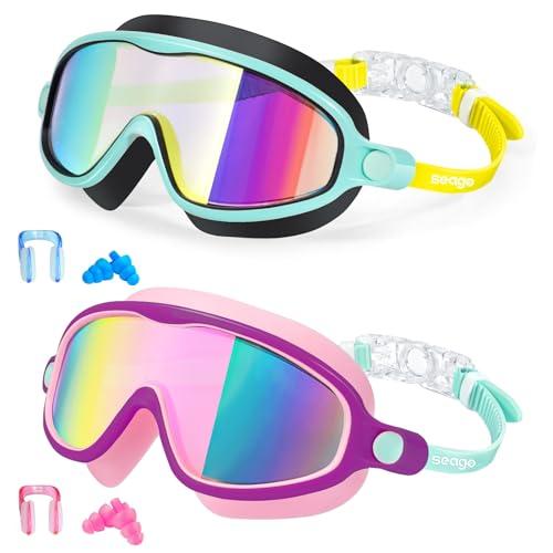 Seago 2 Pack Swim Goggles for Kids 3-14 Anti-Fog & UV Wide View Boys Girls