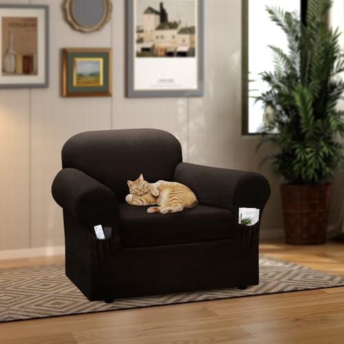 Chair Slipcover with Armrest Pockets 2-Piece Set, Stretch Faux Leather Chair Cover for Armchairs(Fits 31-45) - Non-Slip, Machine Washable, Pet & Kid Friendly - Dark Brown
