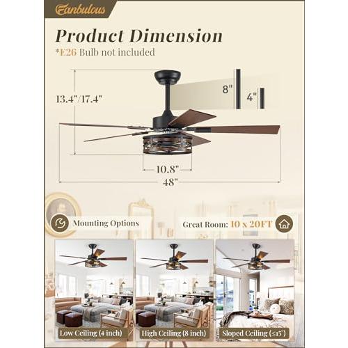 BLACK Farmhouse Ceiling Fans with Light, 48 Inch Bedroom Ceiling Fan with Lights, 6-Speed Adjustable, Quiet and Reversible DC Motor, Dual Finish 5 Blades, Rustic Caged Ceiling Fan for Living Room