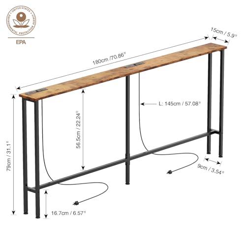 70 Narrow Console Sofa Table - 2 Power Outlets & 4 USB Ports, Metal Frame, Rustic Brown, Perfect for Hallway, Office, and Behind Sofa - Easy Assembly, 4.9' Extension Cord Included