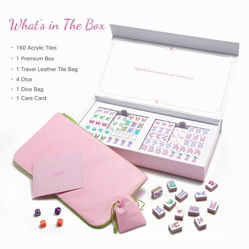 American Mahjong Tiles, Mahjong Travel Set, 160 Pink 4 Layer Mah Jong Game Tiles with Tile Bag, Gift-Ready Storage Box, 4 Dice with Pouch, Western Mah Jongg, Majong