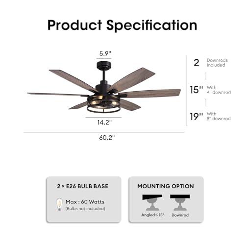 60 Inch Ceiling Fans with Lights and Remote Control, Farmhouse Ceiling Fan for Bedroom Living Room and Patio, Black Caged Ceiling Fan for Indoor and Outdoor