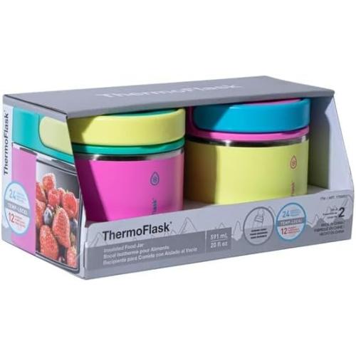 ThermoFlask 20 oz Insulated Food Jar, 2-Pack, Pink and Blue, Hot 12 Hours Cold 24 Hours (Pink and Yellow)