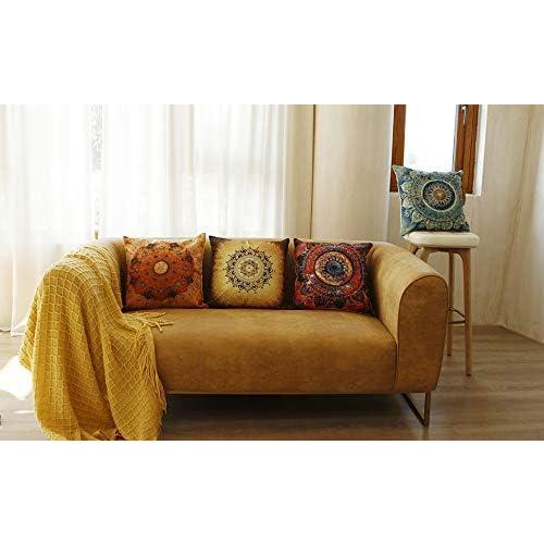 Set of 4 retro cushion covers with compass medallion and floral mandala, bohemian style, boho hippie decor, decorative cushions for sofa or armchair.