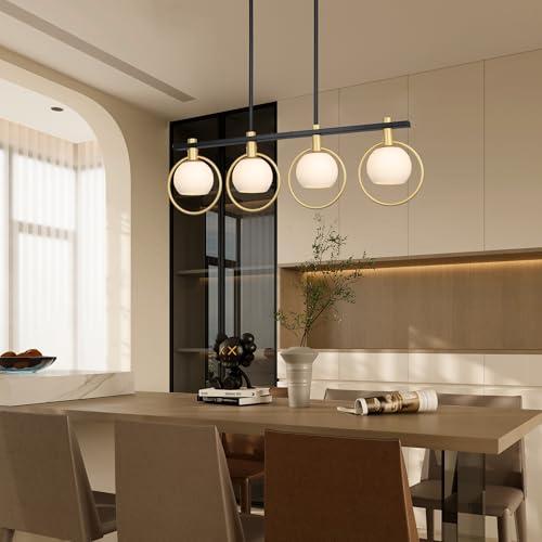 Color Gold Black Chandelier Modern Dining Room Light Fixture 4-Light Kitchen Island Lighting Hanging for Farmhouse Linear Chandeliers Mid Century Chandelier with Milk Glass Globe Shade