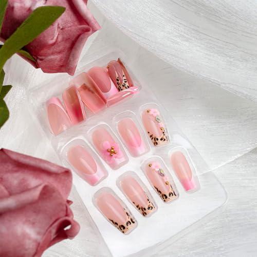 24Pcs 3D French Tip Press on Nails Long Square Flower Fake Nails with Rhinestones Design Pink False Nails Leopard Coffin Tip Stick on Nail Spring Summer Acrylic Nail Floral Glue on Nails for Women