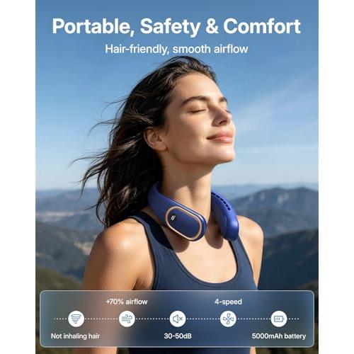 SHEWIND Portable Neck Fan - Hands Free Personal Fan, Rechargeable Bladeless Fan with 5000mAh-Battery, Digital Display, 4 Speeds, Birthday Gifts for Men, Women, Mom, and Dad - Blue