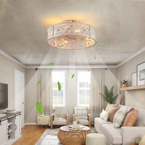 20 Caged Ceiling Fans with Lights Flush Mount Ceiling Fan with Remote,Small Black Low Profile Bladeless Ceiling Fan Light Fixture for Bedroom, Kitchen, Dining Room 4 Bulbs Included,6 Speeds