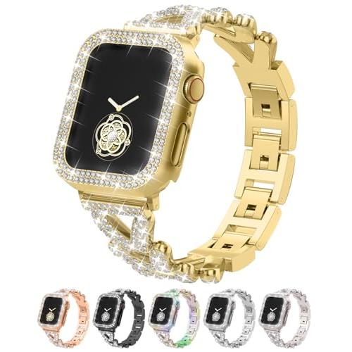 Rhinestones Encrusted Metal Bracelet and Case, Compatible with Apple Watch Bands 38mm-49mm (Series 11/10/1/SE/Ultra 2)- Bling Gold Women's Jewelry Strap, Luxury iWatch Bracelet